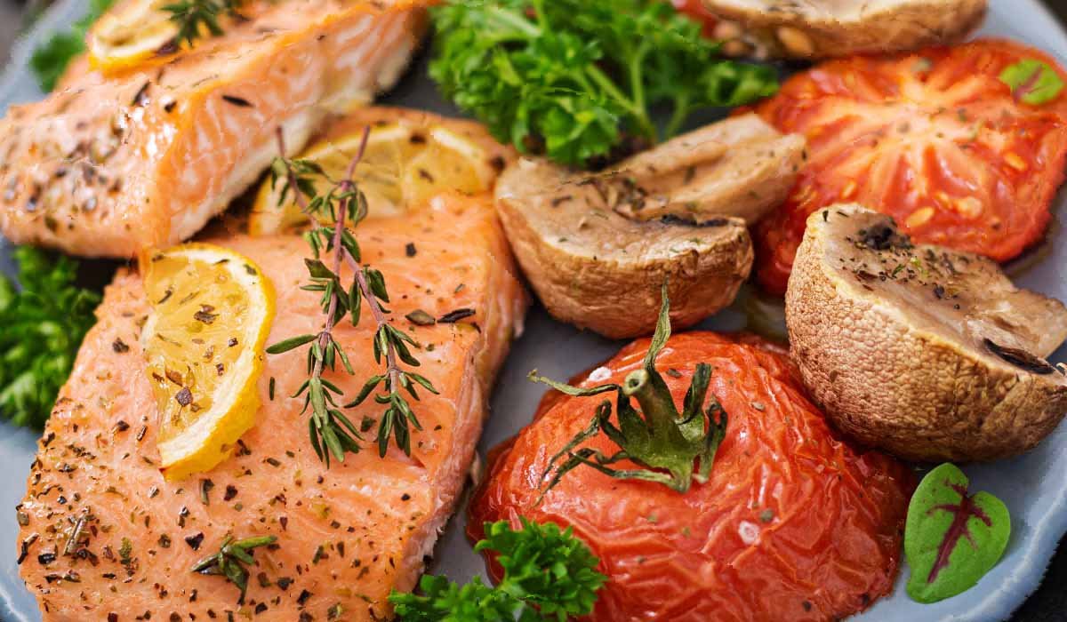 salmón al horno con verduras asadas
